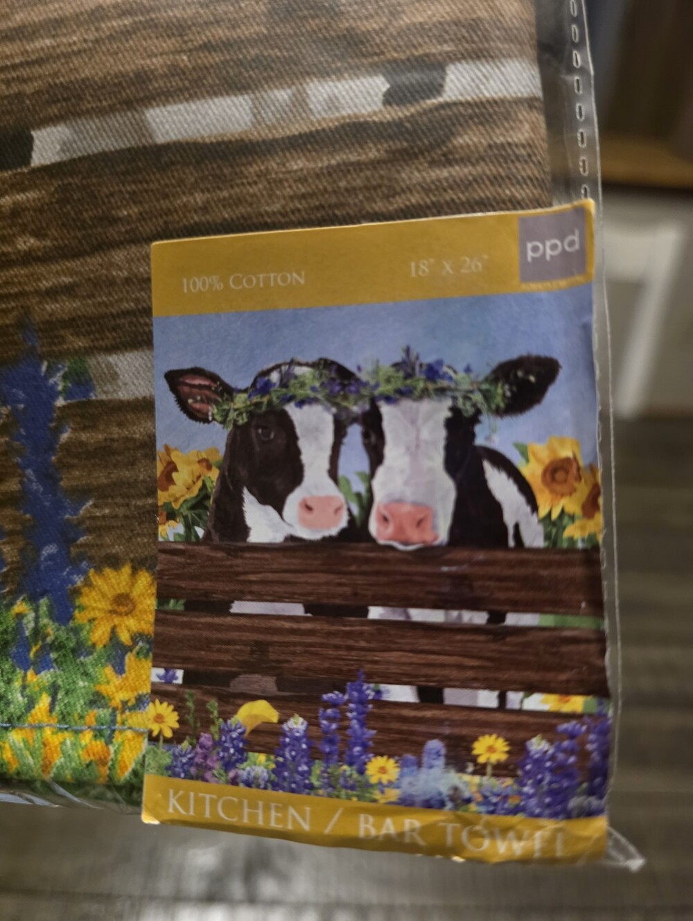 Set Of 2 Cow Floral Kitchen/Bar Towel - Blue, Yellow, Brown